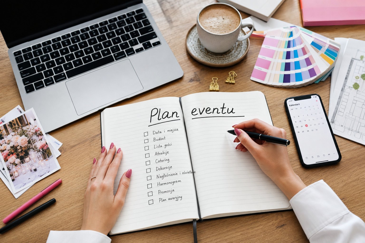 Wydarzenia integracyjne i budowanie zespołu - notatnik Plan eventu z checklistą na biurku plannera