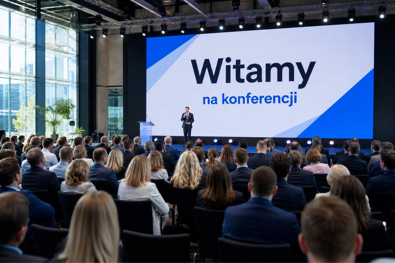 Realizacje Mega Eventy - scena główna konferencji z ekranem Witamy na konferencji